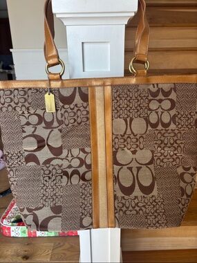 Coach Brown Patchwork Signature Tote with Tan Leather Trim